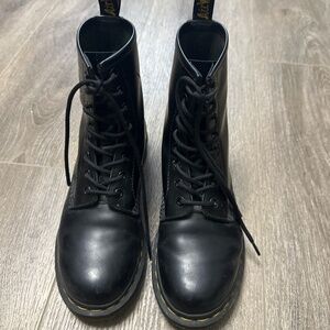 Dr. Martens Black Leather Lace-Up Combat Boots with Yellow Stitching